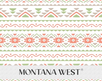 May include: A seamless pattern with a Southwestern design featuring geometric shapes in shades of green, coral, and gray. The pattern is repeated horizontally and vertically. The text "MONTANA WEST" is displayed in black on a gray background.