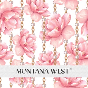 May include: A seamless pattern featuring pink flowers and gold chains with white pearls. The text "MONTANA WEST" is at the bottom of the image.