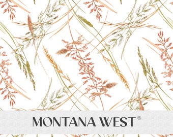Könnte beinhalten: Ein nahtloses Muster mit Aquarell-Illustrationen verschiedener Grasarten in Braun-, Grün- und Beigetönen auf weißem Hintergrund. Der Text "MONTANA WEST" ist in der Mitte des Bildes dargestellt.