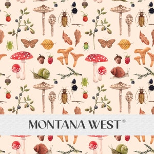 May include: A seamless pattern featuring a variety of woodland elements, including mushrooms, butterflies, snails, beetles, and leaves. The background is a light beige color. The pattern is repeated throughout the image. The text "MONTANA WEST" is displayed in the center of the image.