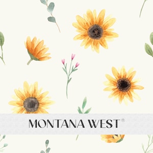 May include: A seamless pattern featuring watercolor illustrations of sunflowers and greenery on a white background. The pattern includes the text "MONTANA WEST" in black.