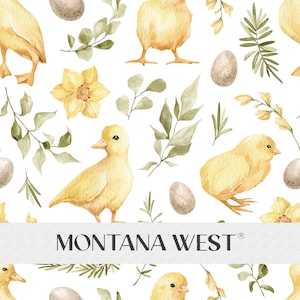 Könnte beinhalten: Ein nahtloses Muster mit gelben Küken, grünen Blättern und grauen Eiern auf weißem Hintergrund. Das Muster wiederholt sich über das gesamte Bild. Der Text "MONTANA WEST" wird am unteren Rand des Bildes angezeigt.