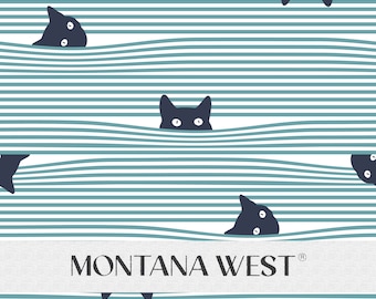 May include: A seamless pattern featuring black cats peeking out from behind blue and white stripes. The pattern is repeated throughout the image. The text "MONTANA WEST" is visible at the bottom of the image.