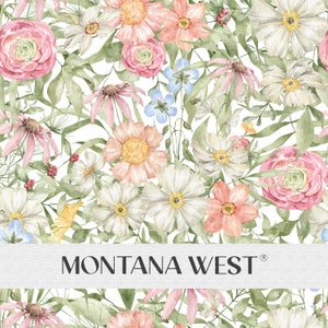 Puede incluir: Un patrón floral de acuarela con flores rosas, blancas y amarillas con hojas verdes sobre un fondo blanco. El texto "MONTANA WEST" está en la parte inferior de la imagen.