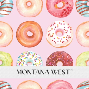 Colorful Donuts Seamless Pattern, Digital Watercolor Colorful Cute Glazed Donuts Seamless Pattern File for Commercial Use, Pink Background