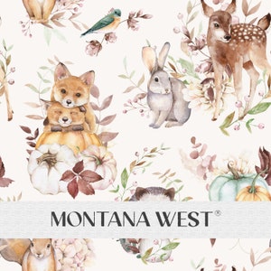 May include: A watercolor pattern featuring a variety of woodland animals, including foxes, deer, rabbits, and squirrels. The pattern also includes pumpkins, leaves, and flowers in shades of brown, orange, green, and pink. The text "MONTANA WEST" is displayed at the bottom of the pattern.