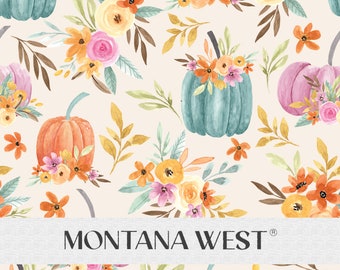 Floral Pumpkins Seamless Pattern, Digital Watercolor Blue Pink Pumpkins Fall Seamless Pattern File for Commercial Use, Vintage Pumpkin