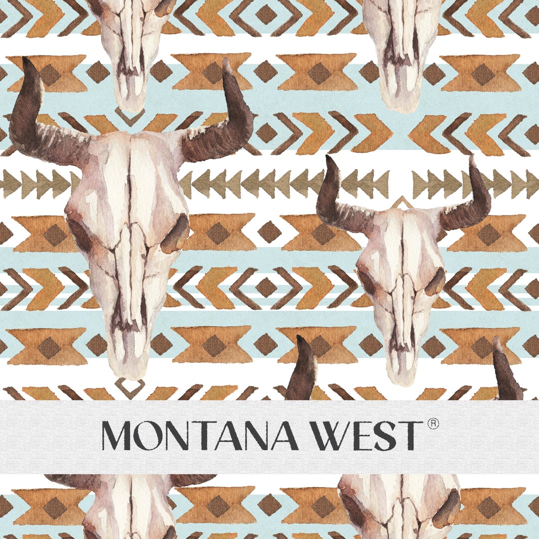 Blue Bulls Pattern Bull Skull Seamless Pattern, Digital Watercolor Boho Bull Skull on ...