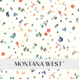 Puede incluir: Un fondo blanco con un patrón repetitivo de pequeños puntos de colores. Los puntos son en tonos de azul, verde, naranja y rojo. El texto "MONTANA WEST®" está en la parte inferior de la imagen.