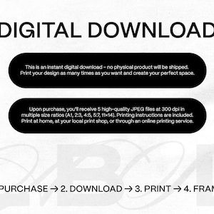 Puede incluir: Gr&aacute;fico en blanco y negro con el texto "DIGITAL DOWNLOAD" en la parte superior. Dos &oacute;valos negros contienen texto blanco que describe el producto como una descarga digital instant&aacute;nea con m&uacute;ltiples tama&ntilde;os y instrucciones de impresi&oacute;n. La parte inferior del gr&aacute;fico dice: 1. PURCHASE &rarr; 2. DOWNLOAD &rarr; 3. PRINT &rarr; 4. FRAME.
