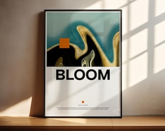 BLOOM | 抽象的な定義ポスター | ティールゴールドのアート | モダンタイポグラフィ | デジタルダウンロード