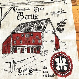 PA Dutch Red Barns 17" X 30" Vintage PA Linen Tea Towel Linen Tea/Kitchen Towel  - original artwork signed by Joan L. Romig