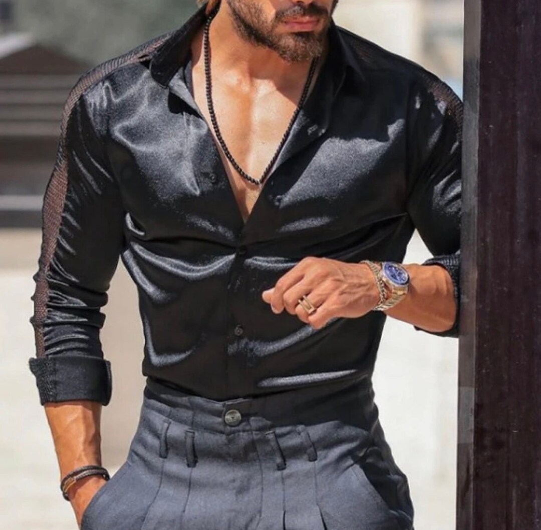 Mens Tapered Shirt Slim Fit Long Sleeve Top Mesh Men Summer Etsy