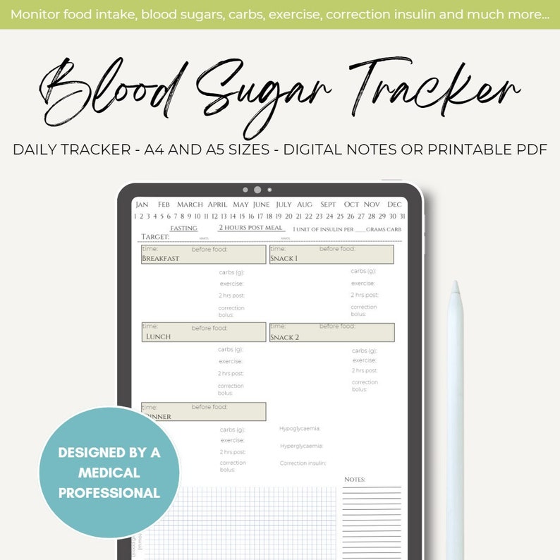 Blood Sugar Tracker Glucose Log Monitor Diabetes Sugar Planner Health ...