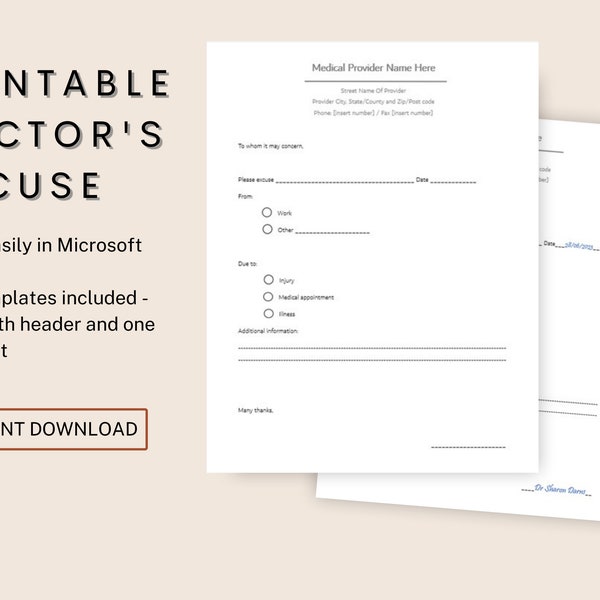 Doctor's Excuse Template Printable Medical Office Form Doctor Note For Work Digital Download  Easy Edit in Microsoft Word