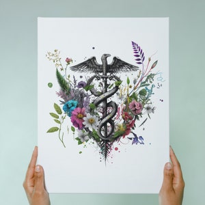Caduceus Medical Art Print Caduceus Watercolor Symbol Print Doctors Office Gift RN Physiotherapist PA Floral Digital Download Print