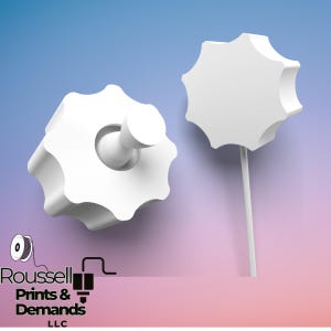 May include: Two white, star-shaped knobs with a central peg and a long stem. The knobs are set against a gradient background of blue and pink. The text "Roussell Prints & Demands LLC" is visible in the lower left corner.