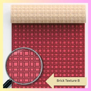 May include: A red brick texture roller with a magnified view of the pattern. The roller is beige and has a grid pattern. The magnified view shows the brick pattern in detail. Text on the image reads "Brick Texture B".