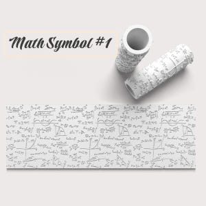 May include: White math symbol roller stamp with mathematical equations and the text "Math Symbol #1". The stamp is next to a long white rectangular surface covered in mathematical formulas and equations.