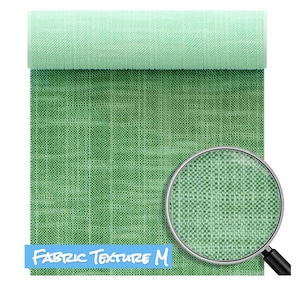 May include: A close-up of a green fabric texture with a magnifying glass showing the detail. The text "FABRIC TEXTURE M" is in the bottom left corner.