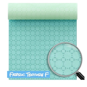 May include: A close-up of a light blue fabric with a repeating pattern of stitched circles. The fabric is rolled up and a magnifying glass is showing a closer view of the texture. The text "FABRIC TEXTURE F" is written in blue on a white background.