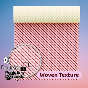 May include: A pink woven texture with a cream-colored top section. A magnifying glass shows a close-up of the woven pattern. The text "Woven Texture" is displayed on a pink banner. The logo for "Roussell Prints & Demands LLC" is also visible.