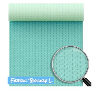 May include: Close-up of a light blue fabric with a textured surface. The fabric has a subtle gradient from a lighter shade of blue to a darker shade of blue. The fabric is rolled up and a magnifying glass is positioned over the fabric to show the texture in detail. The text "FABRIC TEXTURE L" is written in blue on the fabric.