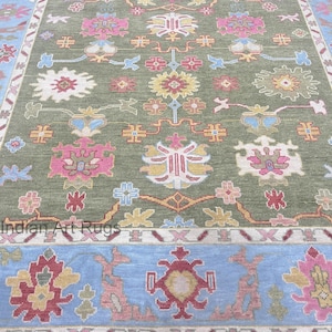 Pastel Hand knotted light green&sky Oushak Made to Order (In Any Size!) Geometric Knotted Modern Oushak / large area/sage/muted oushak rug.
