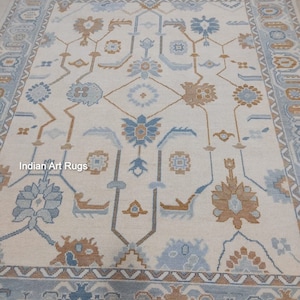 Hand knotted 8x10 Blue white Oushak Made to Order (In Any Size!!!!!) Geometric Knotted Modern Oushak rug/ large area/sage/muted oushak rug.