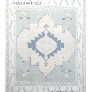 Hand Knotted Oushak Rug: Light Green Wool, Traditional Persian Design