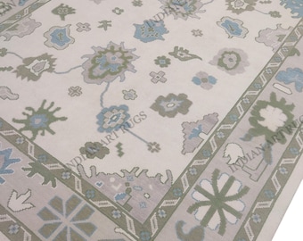 Handgeknüpfter Oushak Teppich - Moderner Türkischer Design Teppich in Pastellfarben - Gedämpfter Grün- und Blauer Wollteppich für Wohnzimmer, Schlafzimmer - 8x10, 9x12