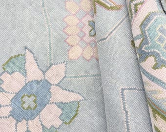 Pastellblå Oushak-matta, Vintage-matta i turkisk stil, Handknuten stor mjuk blå matta för vardagsrum, Traditionell pastellmatta