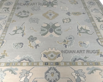 Vintage-Oushak-Teppich in Blau und Beige, auf Bestellung gefertigt (in jeder Größe!) Geometrisch geknüpfter, moderner Oushak-Teppich / großflächig / salbeifarben / grau