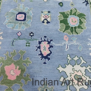 C 9X12  Sky Blue beige with pink and green Oushak Made to Order (In Any Size!!!!) Geometric Knotted Modern Oushak rug/ large area rug/pastel