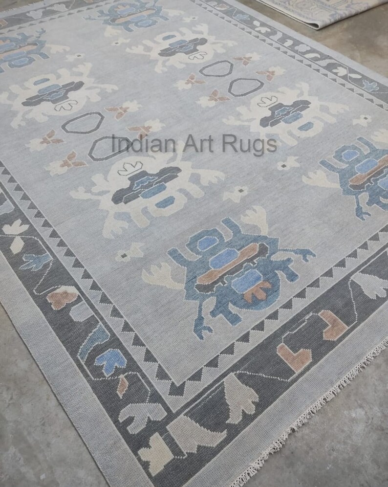 9x12 Hand knotted muted grey & tan blue Oushak Made to Order In Any Size Geometric Knotted Modern Oushak rug large area muted oushak rug. image 3