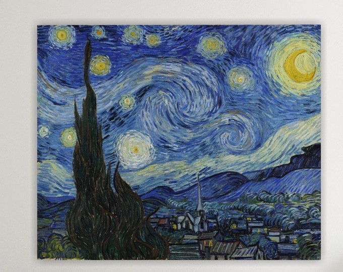 Van Gogh canvas print, Starry Night, wall decoration, blue night landscape, aesthetic picture or poster.