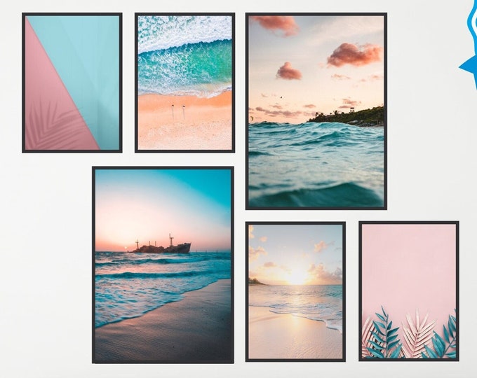 Set of 6 posters with a sea, beach, ocean, sunset and sunrise theme (n.2 dimensions 30 x 40 cm, n.4 dimensions 20 x 30 cm).