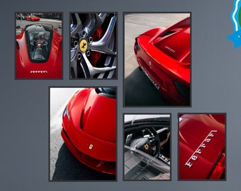 Set of 6 Red Sports Racing Car Posters, Italian Supercar Canvas Print, Wall Decor.