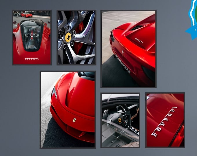 Set of 6 Red Sports Racing Car Posters, Italian Supercar Canvas Print, Wall Decor.