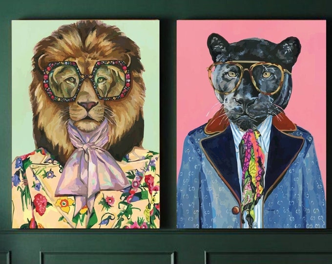 Set of 2 Canvas Prints, Jungle Animals, Lion and Panther, Aesthetic Poster or Painting, Home Office Decorations.