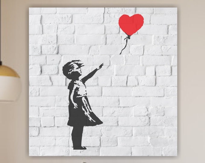 Banksy style aesthetic poster or painting, Girl with red balloon, Bansky style street art, interior wall decorations.