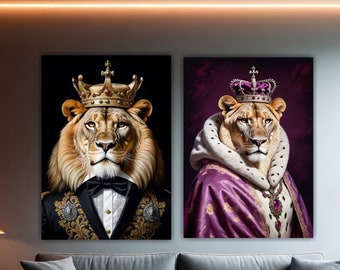 Set of two canvas prints Picture or Poster The Lion King and the Lioness Queen, wall decorations for interiors. Living room, office decor.