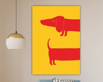 Print on canvas The funny Dachshund, Doxie dog, wall decorations, poster or yellow-red aesthetic painting.