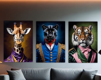 Animal paintings and posters. Tiger, Panther, Giraffe. Set of 3 posters or canvas paintings, Giraffe, Panther and Tiger. Wall decoration.