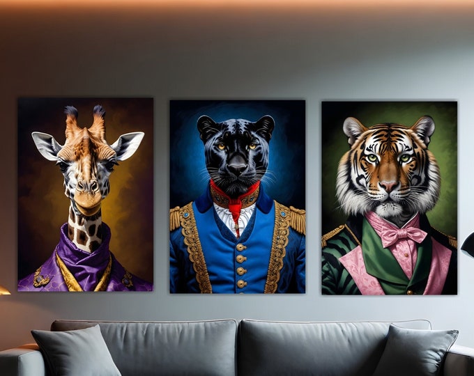 Animal paintings and posters. Tiger, Panther, Giraffe. Set of 3 posters or canvas paintings, Giraffe, Panther and Tiger. Wall decoration.