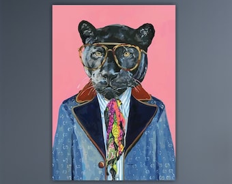 Black and pink panther, aesthetic poster or painting, wall decoration, jungle animals canvas print.