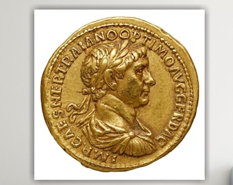 Ancient Coin Roman Emperor Trajan, Poster or Canvas Print, Interior Wall Decor.