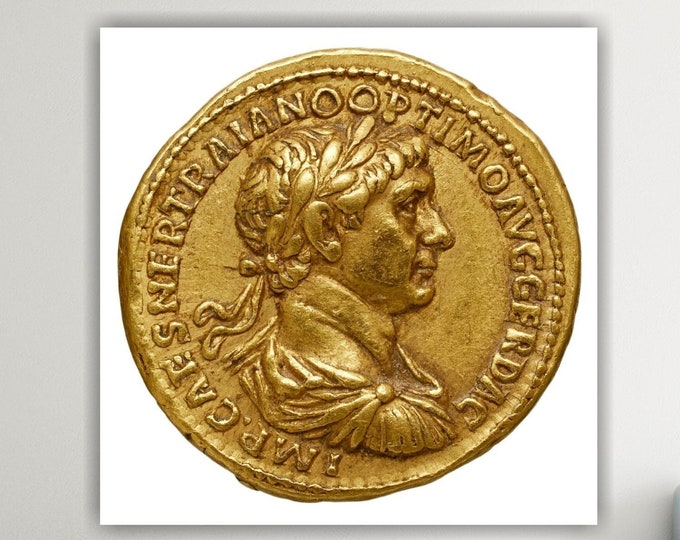 Ancient Coin Roman Emperor Trajan, Poster or Canvas Print, Interior Wall Decor.