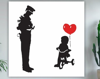 Poster or canvas painting in Banksy style, canvas print, the Girl with the red balloon and the policeman in Banksy style.