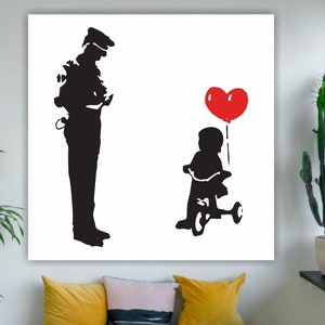 Poster oder Leinwandbild im Banksy-Stil, Leinwanddruck, das Mädchen mit dem roten Ballon und der Polizist im Banksy-Stil.